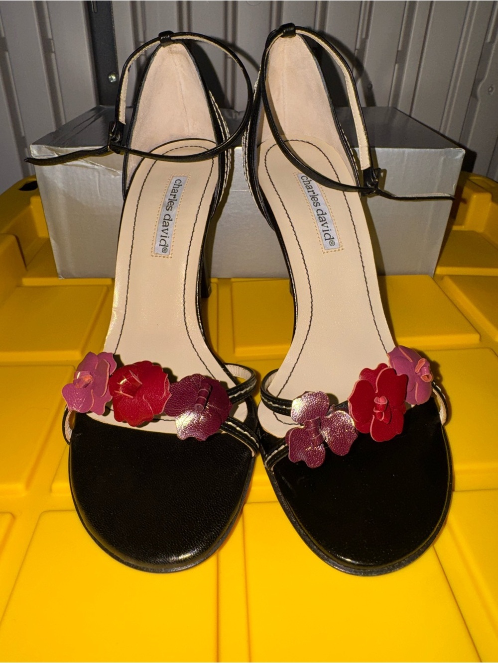 Charles David Black Open-Toe Ankle-Strap Sandals with Pink & Red Floral Accents